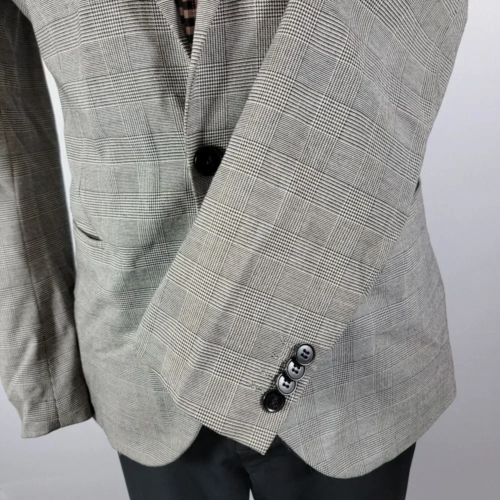 H&M Men's Sport Coat Blazer One Button Gray Plaid Polyester Blend Skinny Fit 40R